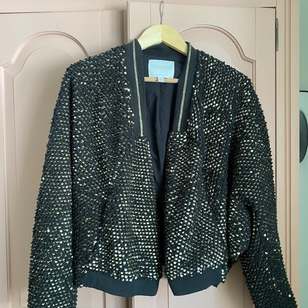 Anthropologie Elora Sequin Teddy Bomber Jacket